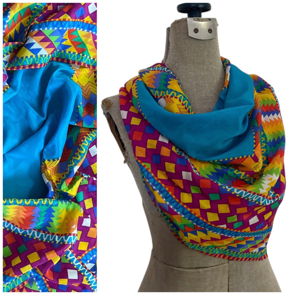Liz Claiborne Vibrant Teal, Purple & Yellow Geometric Print Scarf